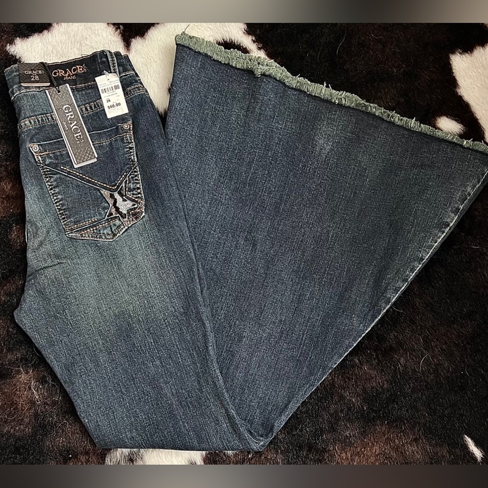 Grace in LA High waist raw hem Bell Bottom Jeans